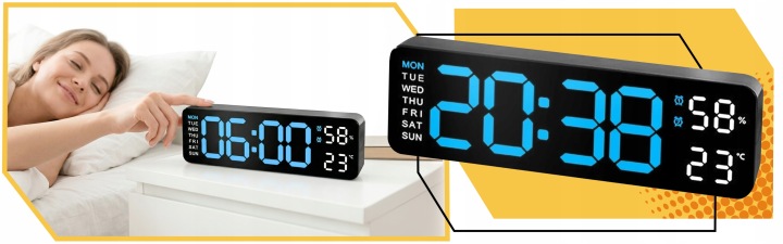 BUDZIK ZEGAR ELEKTRONICZNY LED DRZEMKA GŁOŚNY TERMOMETR HIGROMETR DUŻY XXL Kolor czarny